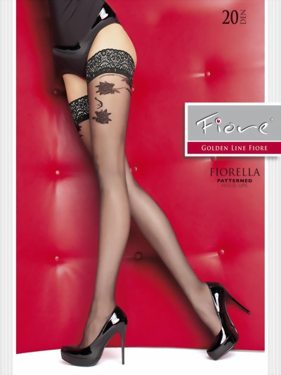 Fiore - Floral pattern hold ups with beautiful lace top Fiorella 20 denier, white, size M