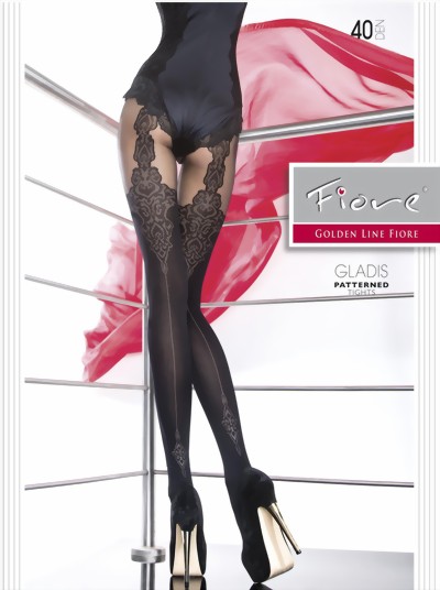 Fiore - Mock suspender tights with back seam pattern Gladis 40 DEN, black, size L