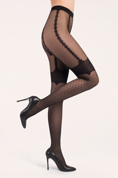Gabriella - Sensuous mock suspender tights with polka dot pattern, 40 den, black, size S