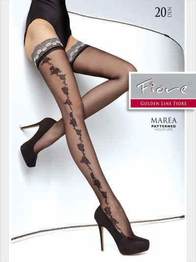 Fiore - Floral pattern hold ups with beautiful lace top 20 denier, white, size L