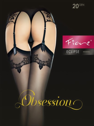 Fiore - Sensuous stockings with floral pattern top Eclipse, 20 denier, black, size S